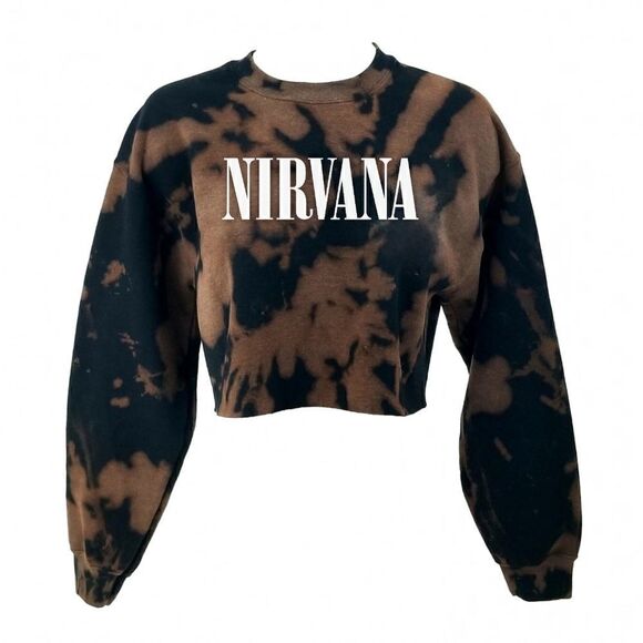 NIRVANA Acid Wash, Distressed "Cropped" Crop Top Long Sleeve Crewneck Sweatshirt - Picture 1 of 5